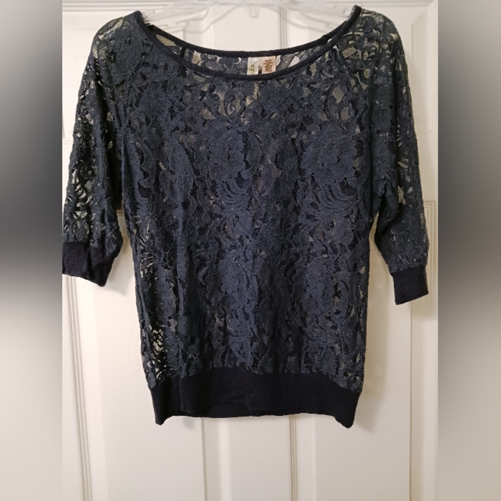 Eyeshadow Lace Elbow Sleeve Top/Size M/Navy
